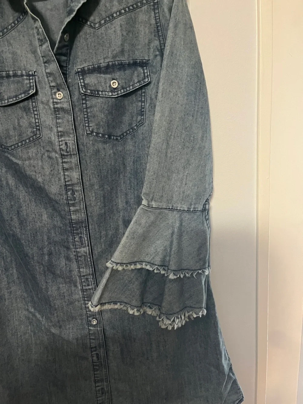 Washed Denim Midi Shirt Dress with Ruffle Sleeves - Blue - Picture 5 of 8